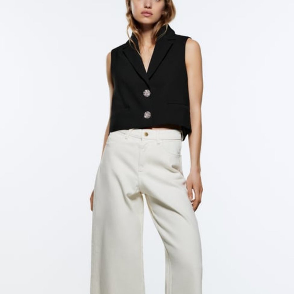 ZARA BLACK CROPPED WAISTCOAT VEST WITH RHINESTONE BUTTONS